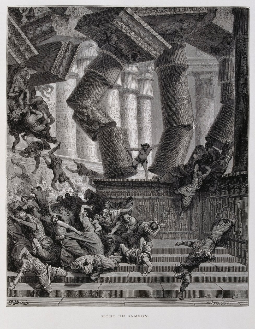 Sámson lerombolja Baál templomát, Illusztráció a Dore Bibliából alkotó: Gustave Dore