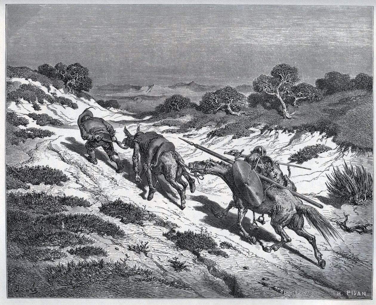 Sancho Panza, Don Quijote és lovasaik a Yangers elleni vereség után - Miguel Cervantes (1547-1616) "Don Quijote de la Mancha" című filmjéből (Don Quijote) - Fametszet Gustave Dore rajza alapján alkotó: Gustave Dore