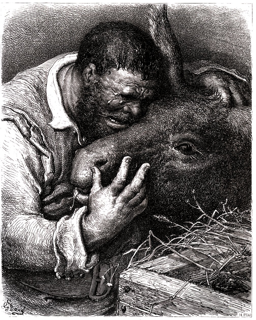 Sancho Panza sír, miközben megcsókolja a szamarát alkotó: Gustave Dore