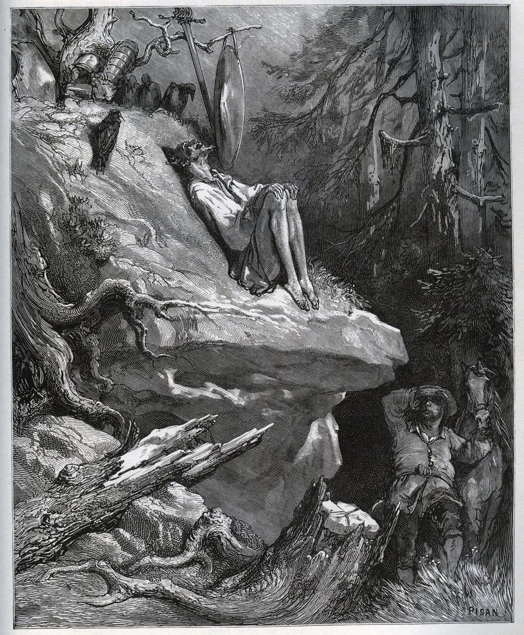 Sancho Panza megtalálja mesterét, mindig bűnbánatban – Miguel Cervantes (1547-1616) „Don Quijote de la Mancha” című művéből (Don Quijote) – Gustave Dore rajza alapján készült fametszet alkotó: Gustave Dore