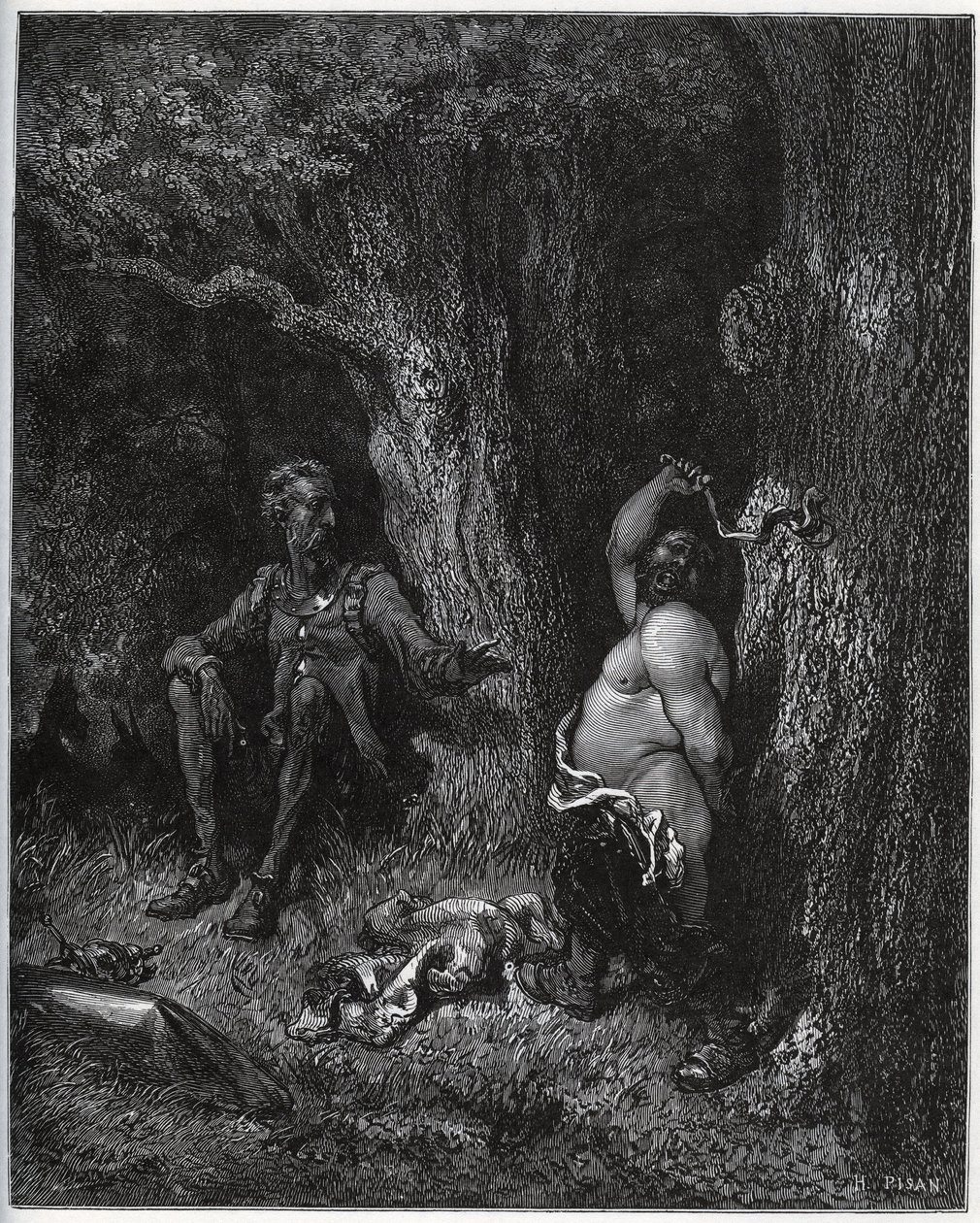 Sancho Panza Don Quijote elé repül, hogy teljesítse Merlin kívánságát, és ezzel elvarázsolja Dulcinee-t Tobosóból. Don Quijote arra buzdítja, hogy mérsékelje lelkesedését - Miguel Cervantes (1547-1616) „Don Quijote de la Mancha” című művéből (Don Quijote)  alkotó: Gustave Dore