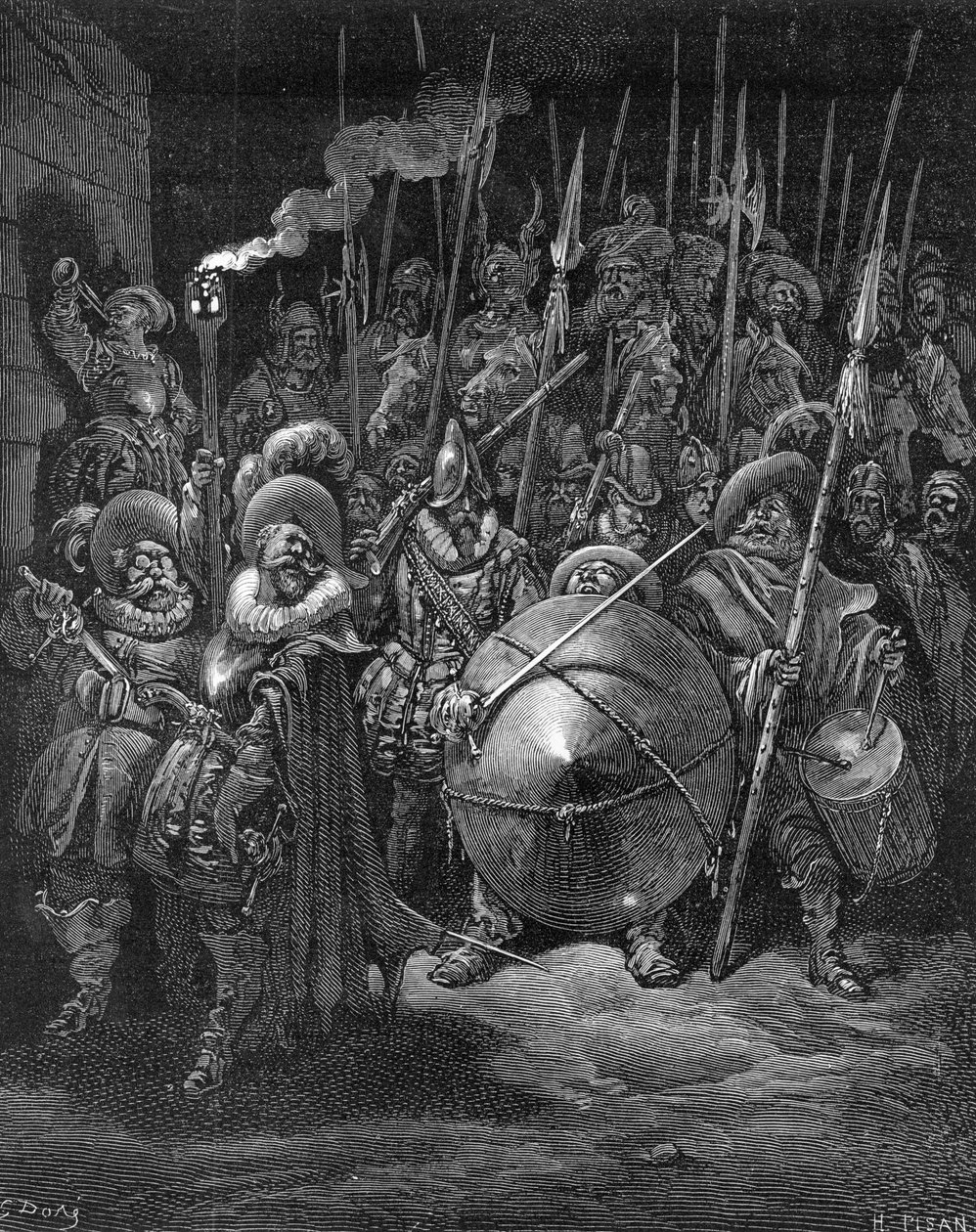 Sancho és a lovagok, Miguel Cervantes "Don Quijote de la Mancha" című művéből, Heliodore Joseph Pisan metszete, 1875 körül. alkotó: Gustave Dore