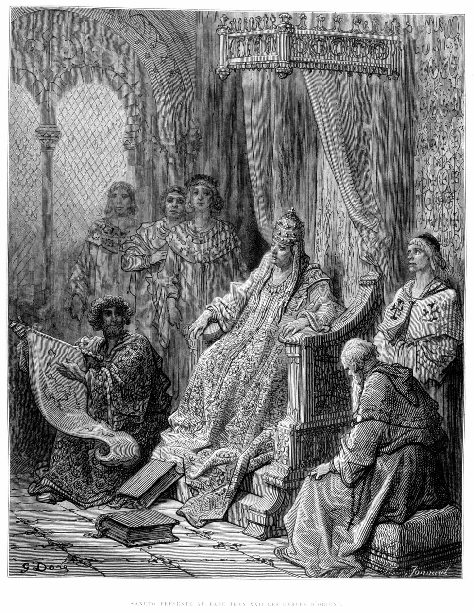 Sanuto bemutatja XXII. János pápának Kelet térképeit – Gustave Doré metszetét alkotó: Gustave Dore