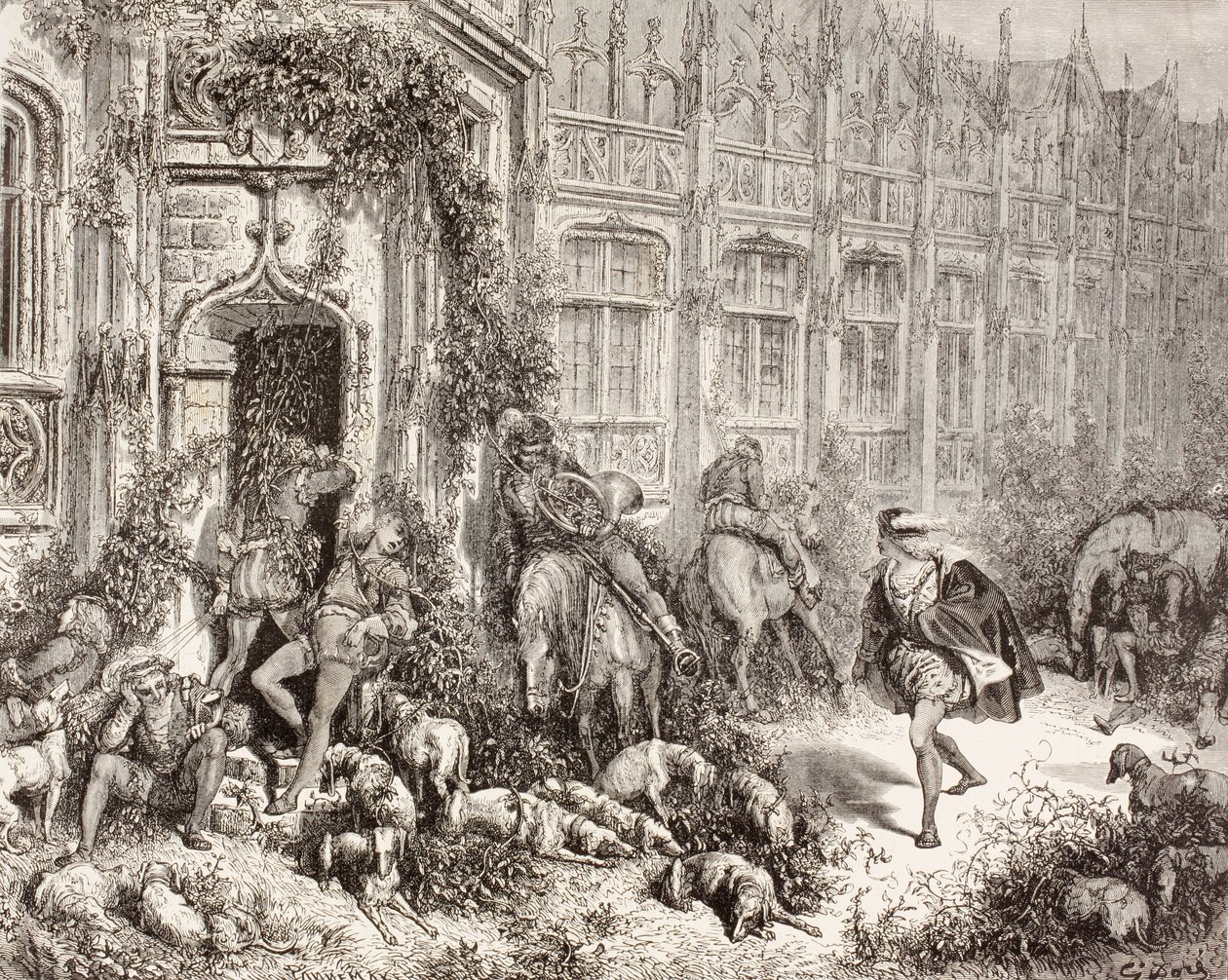 Jelenet Charles Perrault Csipkerózsikájából. Az El Mundo Ilustradoból, Barcelona, 1880 körül. alkotó: Gustave Dore
