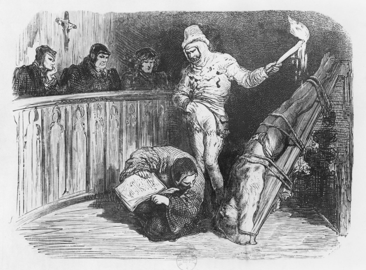 Az inkvizíció jelenete, illusztráció Michel Eyquem de Montaigne (1533-92) „Esszéjéből” (metszet) (bw fotó) alkotó: Gustave Dore