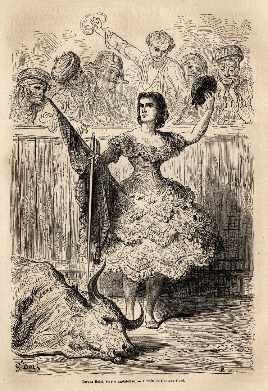 A bikaviadal színtere: Teresa Bolsi diadala, az andalúz torrera, köszönt az őt elismerő Sevillában. Gustave Dore (1832-1883) vázlatát élőben készítette. Metszet a spanyolországi utazás illusztrálására, 1862-ben Charles Davillier és G. alkotó: Gustave Dore