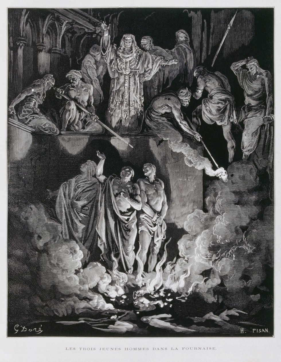 Sádrach, Meshach és Abednego a tüzes kemencében, illusztráció a Dore Bibliából. alkotó: Gustave Dore