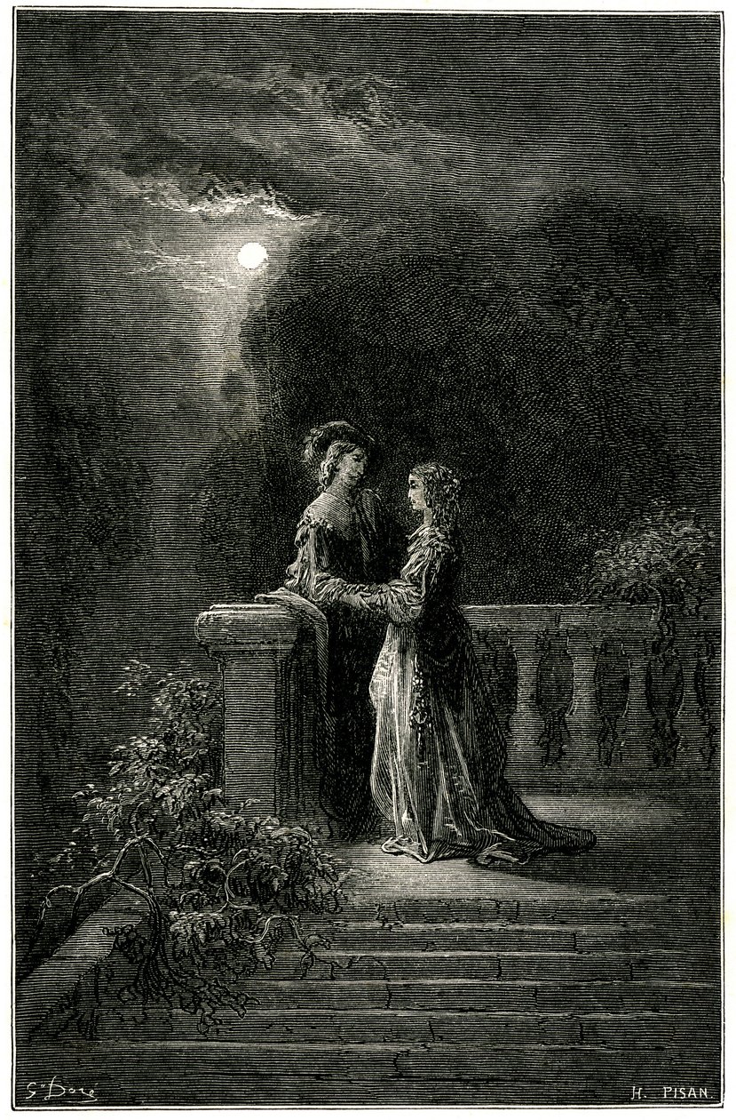Sigognac és Isabelle: a szerelmesek végül egyesülnek a holdfényben. A végén a szerelem győzedelmeskedik! Gustave Dore metszete, amely Theophile Gautier "Le capitaine Fracasse" című pikareszk regényét illusztrálja, Charpentier kiadás 1863. alkotó: Gustave Dore