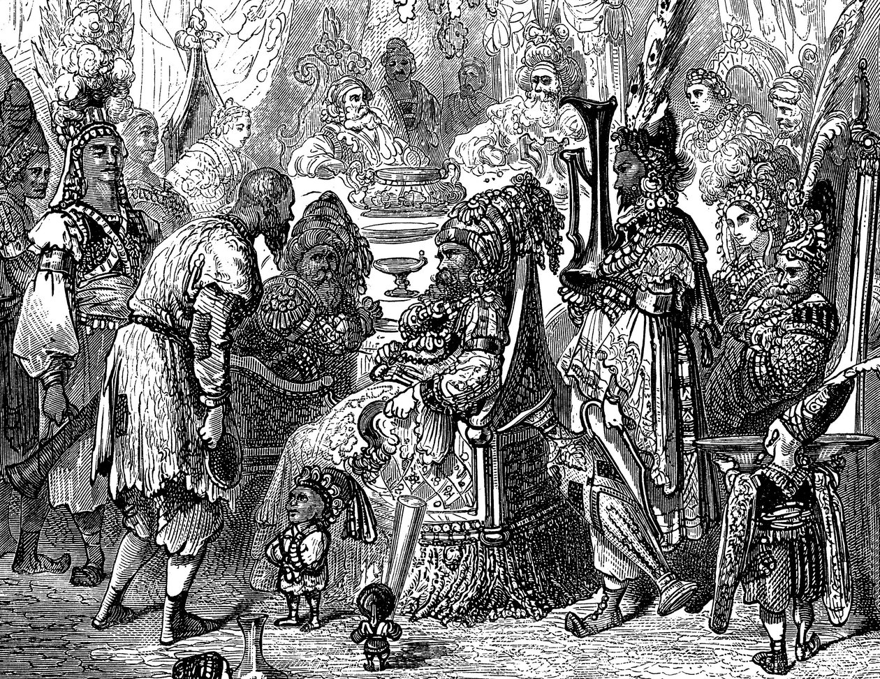 Szindbád a tengerész (Szindbád) - mese az ezeregy (1001) éjszakáról - Gustave Dore illusztrációja (részlet) - Maxwell kiadás 1865 - Prológus: egy szegény hordár (Hinbad) megjelenik Szindbád előtt, aki megöregedett és meggazdagodott. Ez utóbbi elmondja neki alkotó: Gustave Dore