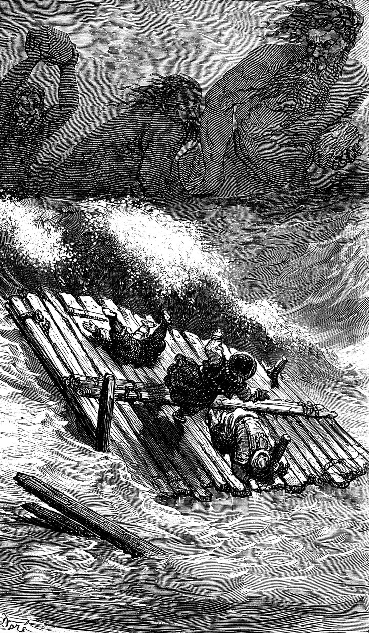 Szindbád a tengerész (Szindbád) - Az ezeregy (1001) éjszaka története - Gustave Dore illusztrációja - Maxwell kiadás 1865 - Harmadik utazás: Szindbádot és társait, akik egy tutajon szálltak tengerre, óriások üldözik, akik hatalmas kövekkel dobálják őket. alkotó: Gustave Dore