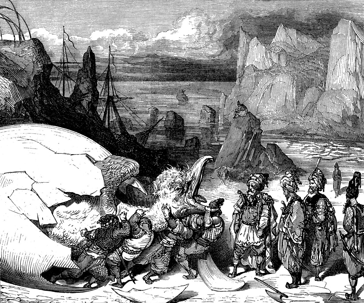 Szindbád a tengerész (Szindbád) - Az ezeregy (1001) éjszaka története - Gustave Dore illusztrációja (részlet) - Maxwell kiadás 1865 - Ötödik utazás: a Szindbádot kísérő kereskedők feltörik a madáróriás Roc óriás tojásának héját, hogy kivegyenek belőle egy. alkotó: Gustave Dore