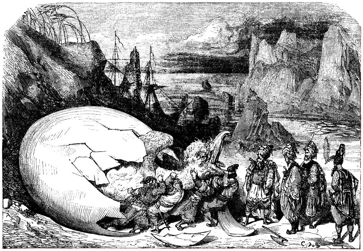 Szindbád a tengerész (Szindbád) - Az ezeregy (1001) éjszaka története - Gustave Dore illusztrációja - Maxwell kiadás 1865 - Ötödik utazás: a Szindbádot kísérő kereskedők feltörik a madáróriás Roc óriás tojásának héját, hogy kivegyenek belőle egy óriási cse alkotó: Gustave Dore