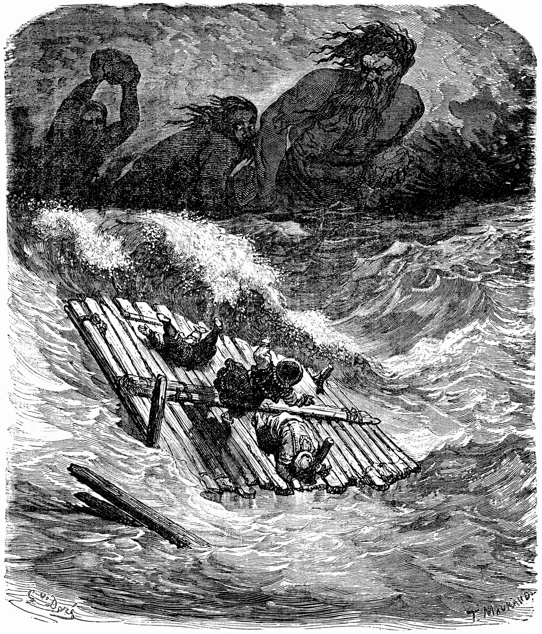 Szindbád a tengerész (Szindbád) - Az ezeregy (1001) éjszaka története - Gustave Dore illusztrációja - Maxwell kiadás 1865 - Harmadik utazás: Szindbádot és társait, akik egy tutajon szálltak tengerre, óriások üldözik, akik hatalmas kövekkel dobálják őket -  alkotó: Gustave Dore