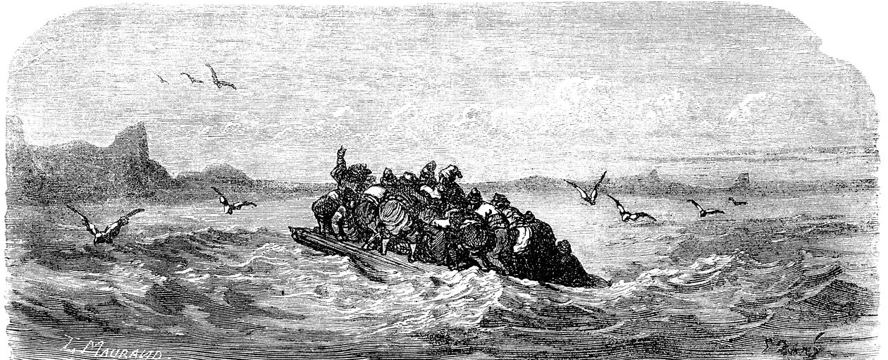 Szindbád a tengerész (Szindbád) - Az ezeregy (1001) éjszaka története - Gustave Dore illusztrációja - Maxwell kiadás 1865 - Harmadik utazás: Szindbád és társai egy tutajon hajóznak. alkotó: Gustave Dore