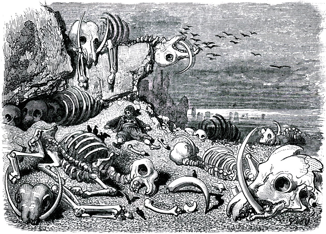 Szindbád a tengerész (Szindbád) - Az ezeregy (1001) éjszaka története - Gustave Dore illusztrációja - Maxwell kiadás 1865 - Hetedik és utolsó utazás: az elefántok temetője, ahol Szindbád visszaszerzi az elefántcsont védelmét. alkotó: Gustave Dore