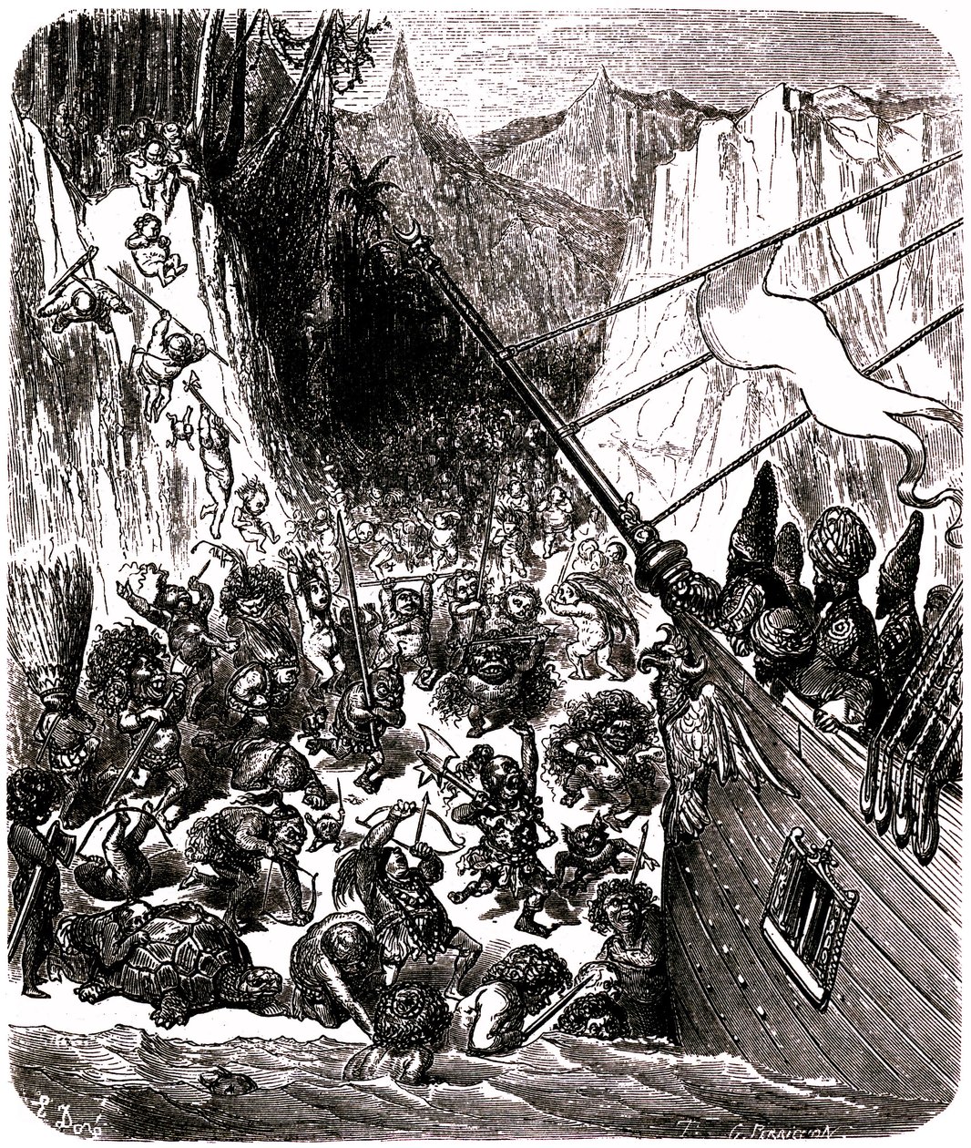 Szindbád a tengerész (Szindbád) - Az ezeregy (1001) éjszaka története - Gustave Dore illusztrációja - Harmadik utazás: egy vihar Szindbád és társai hajóját egy szigetre veti, ahol apró és förtelmes lények sokasága támadja meg őket. alkotó: Gustave Dore
