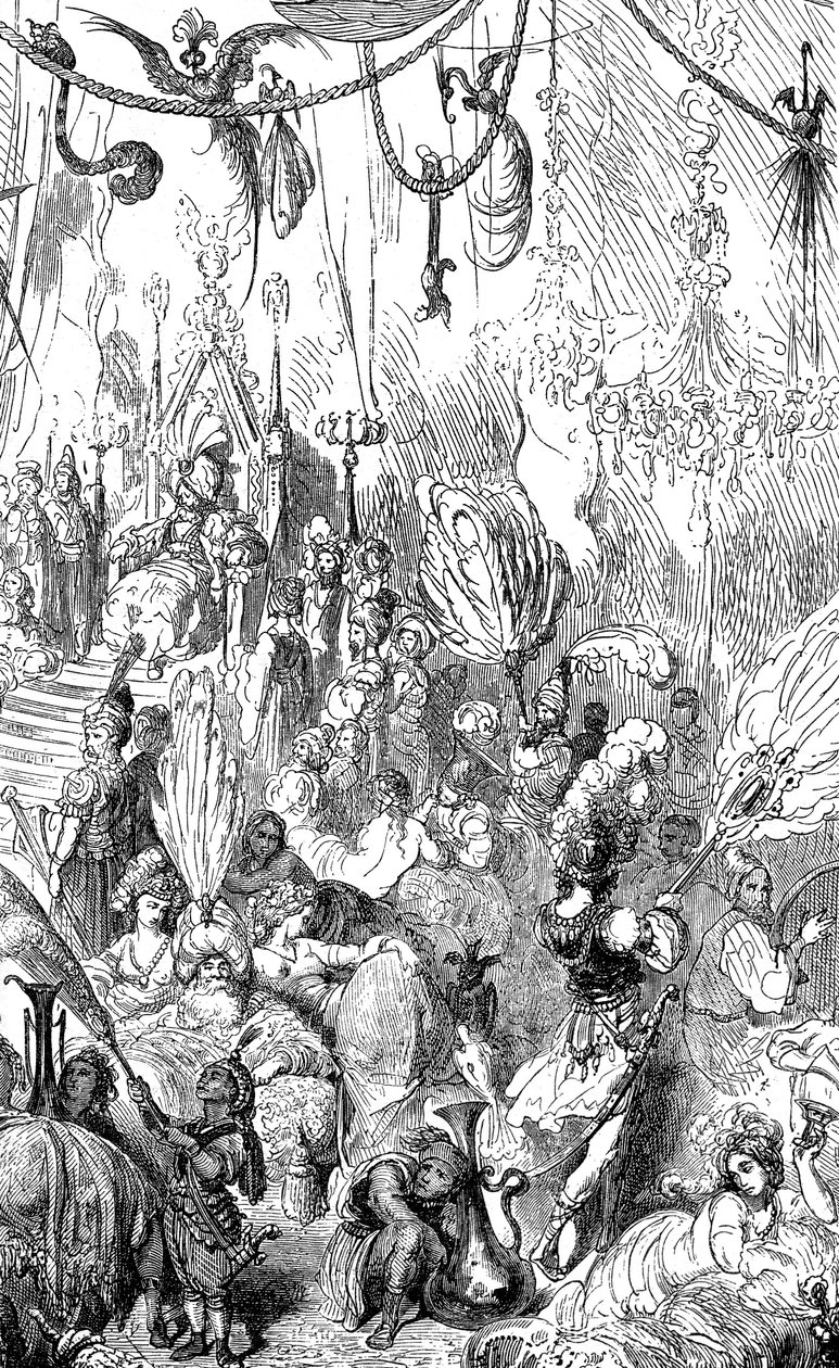 Szindbád a tengerész (Szindbád) - Az ezeregy (1001) éjszaka története - Gustave Dore illusztrációja - Maxwell kiadás 1865 - Hatodik utazás - ez a metszet ábrázolhatja a szerendíb király udvarát vagy Hárún al-Rasid kalifa (Harun al-Rashid) udvarát. alkotó: Gustave Dore