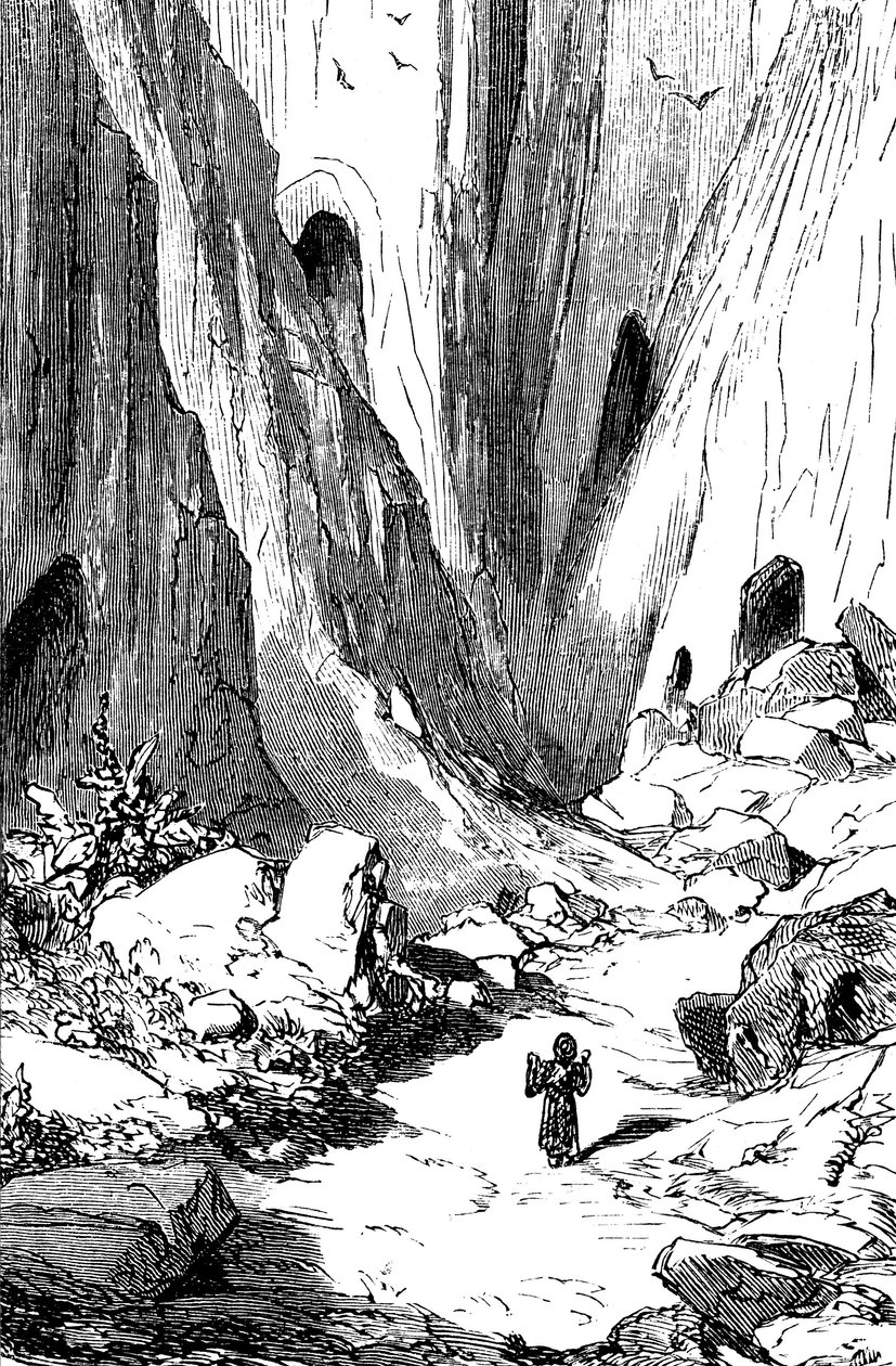 Szindbád a tengerész (Szindbád) - Az ezeregy (1001) éjszaka története - Gustave Dore illusztrációja - Maxwell kiadás 1865 - Második utazás: Szindbád felfedez egy völgyet, ahol gyémántok vannak, de amelyet sajnos óriáskígyók laknak. Elviszi a refu alkotó: Gustave Dore