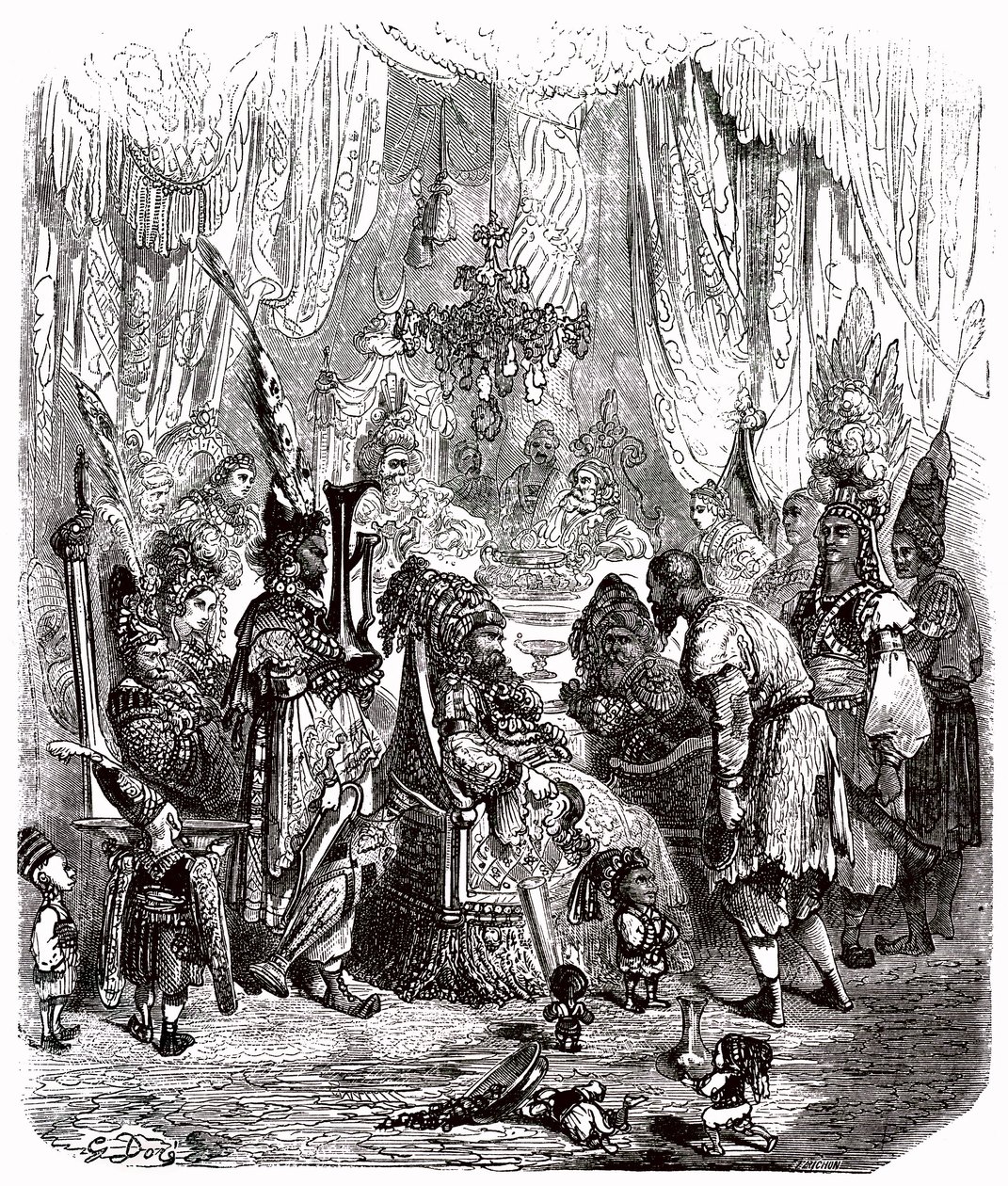Szindbád a tengerész (Szindbád) - mese az ezeregy (1001) éjszakáról - Gustave Dore illusztrációja - Maxwell kiadás 1865 - Prológus: egy szegény hordár (Hinbad) megjelenik Szindbád előtt, aki megöregedett és meggazdagodott. Ez utóbbi elmeséli kalandját alkotó: Gustave Dore
