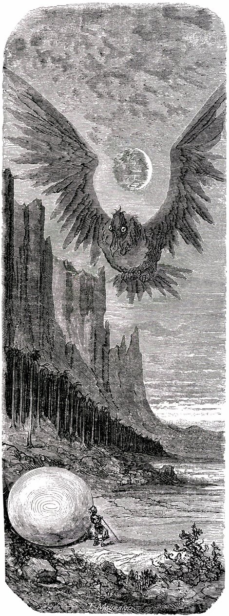 Szindbád a tengerész (Szindbád) - Az ezeregy (1001) éjszaka története - Gustave Dore illusztrációja - Maxwell kiadás 1865 - Második utazás: Szindbád egy szigeten felfedezi Roc óriásmadár hatalmas tojását, és ez az óriásmadár megtámadja - alkotó: Gustave Dore