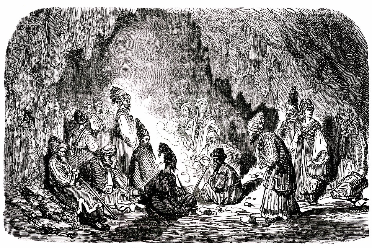 Szindbád a tengerész (Szindbád) - Az ezeregy (1001) éjszaka története - Gustave Dore illusztrációja - Maxwell kiadás 1865 - Első utazás: Szindbád, akit társai a tenger közepén magára hagytak, egy szigetre ér, és egy barlangban találkozik a sápadtarcúval alkotó: Gustave Dore