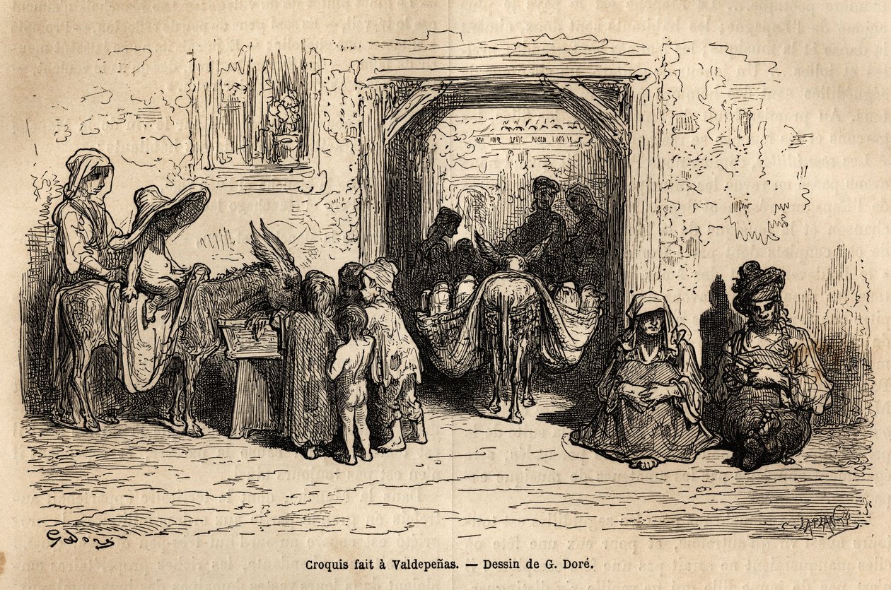 Élőben készült vázlat: koldusok Valpadenasban (Csatorna). Gustave Dore (1832-1883) illusztrátor és báró Ch. metszete a spanyolországi utazás szemléltetésére. Davillier reaktor, 1862-ben, megjelent a „Le tour du monde, nouveau Journal des voyages” című foly alkotó: Gustave Dore