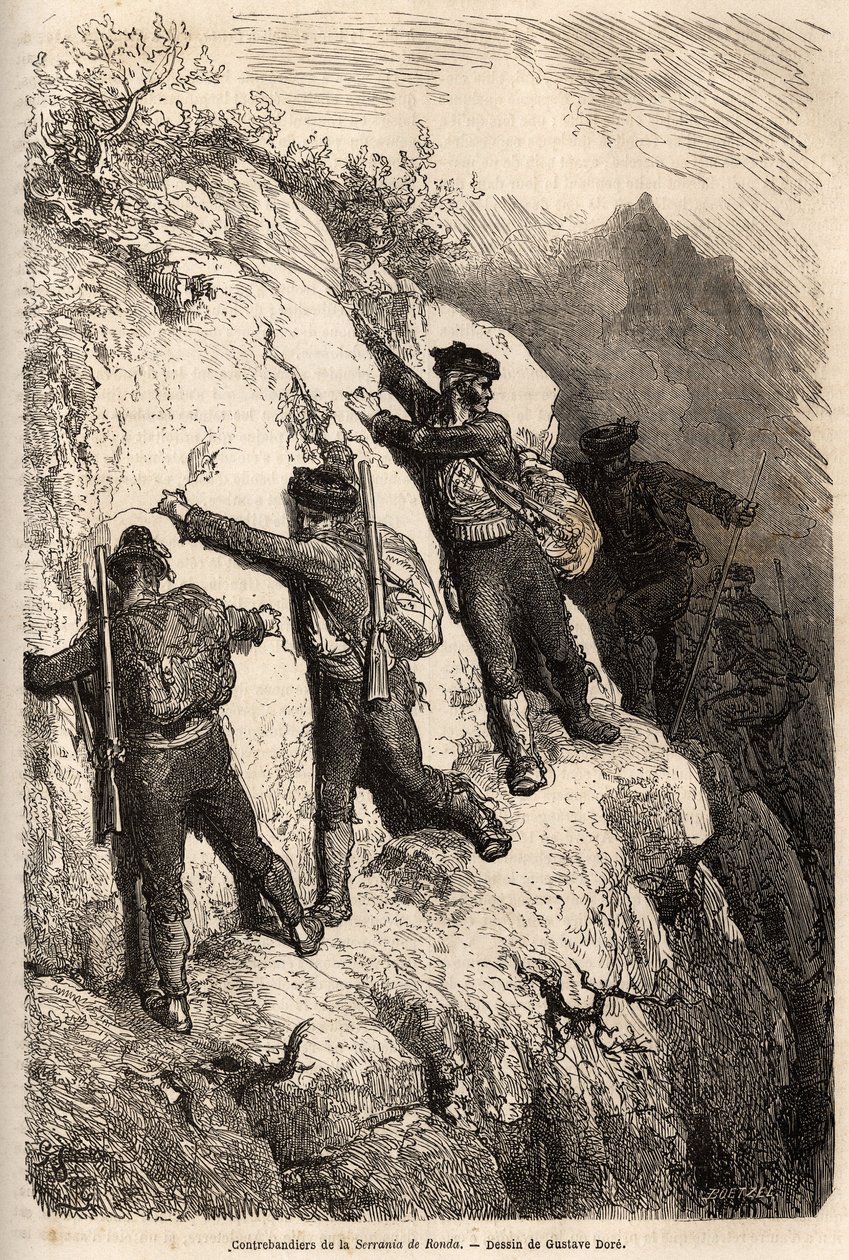 Csempészek a Serrania de Ronda-ból. Gustave Dore (1832-1883) rajza 1862-es spanyolországi utazásának illusztrálására Ch. Davillier. Gravírozás a „Le tour du monde”-ban, szerkesztette Edouard Charton alkotó: Gustave Dore