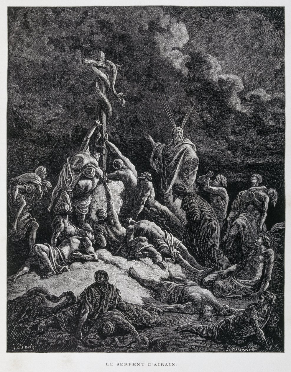 Mózes tehát készített egy bronzkígyót, és felakasztotta egy rúdra. 4Mózes 21:7, Illusztráció a Dore Bibliából. alkotó: Gustave Dore