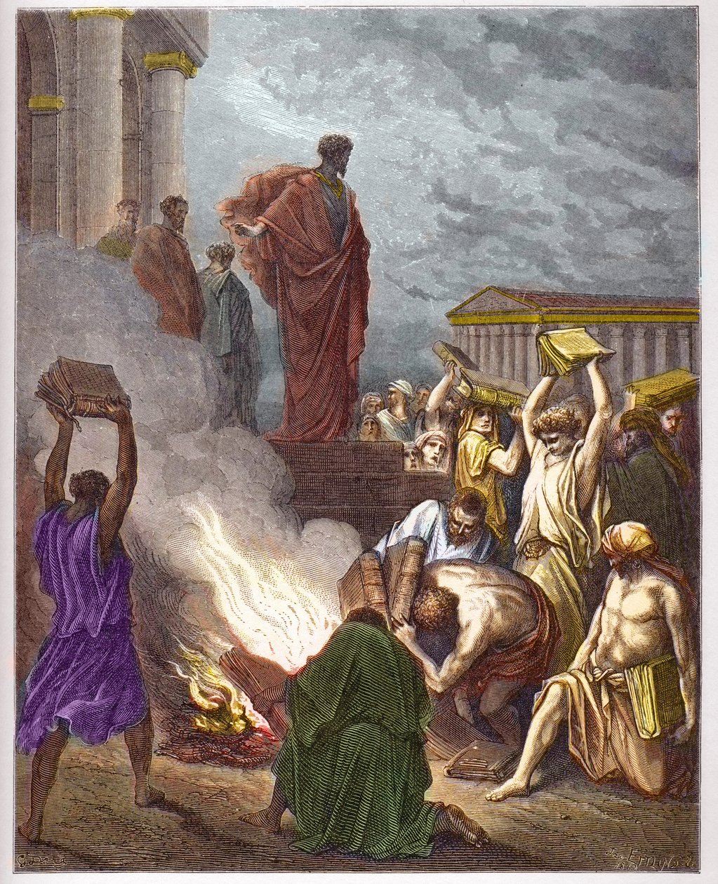 Szent Pál Efézusban - Szent Pál Efezusban - Efézusi Szent Pál jóslata. Az ördögűzésben részt vevő zsidók elégetik a könyveket - - Gustave Dore (1832-1883) „The Bible illustree”-be vésve - Metszet a „Dore Bibliából” alkotó: Gustave Dore