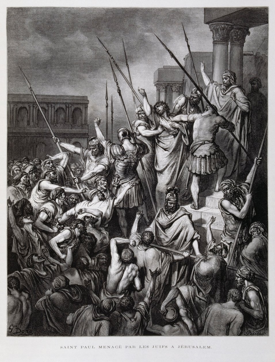 A jeruzsálemi zsidók által megtámadott Szent Pál, Illusztráció a Dore Bibliából alkotó: Gustave Dore