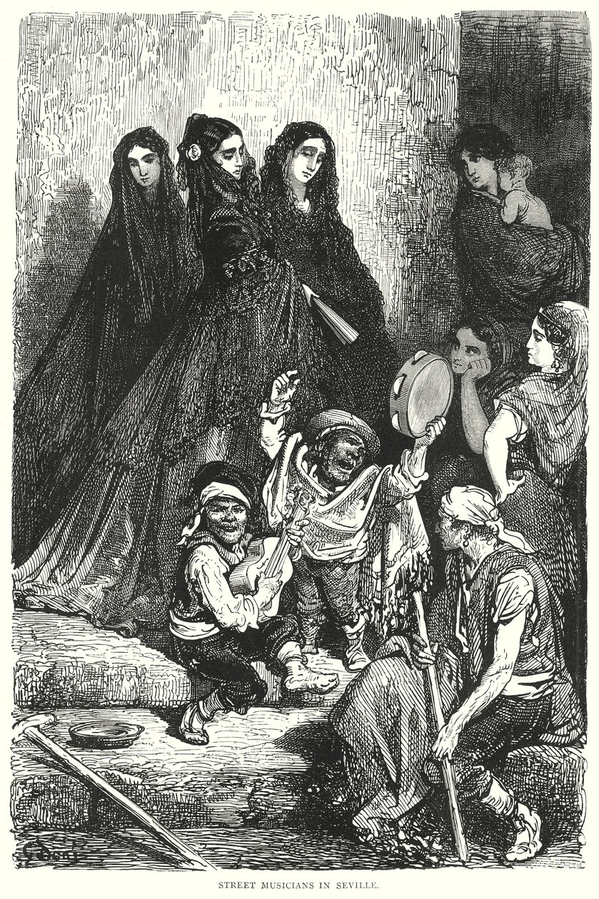 Utcazenészek Sevillában (metszet) alkotó: Gustave Dore
