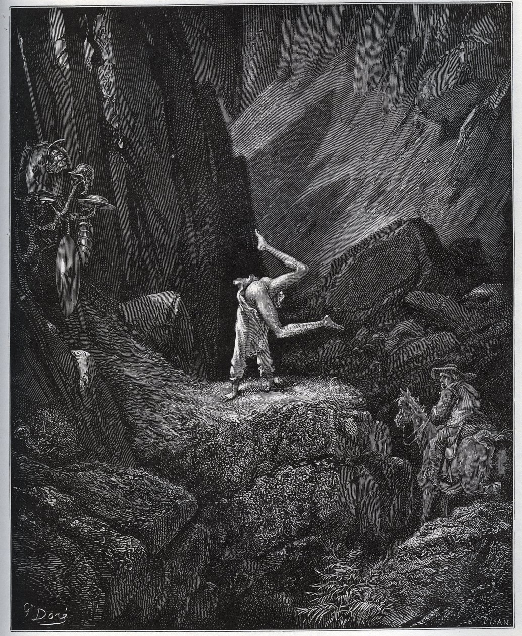 Don Quijote akrobatikus bűnbánata Sierra Morenában – Miguel Cervantes (1547-1616) „Don Quijote de la Mancha” című könyvéből (Don Quijote) – Fametszet Gustave Dore rajza alapján alkotó: Gustave Dore