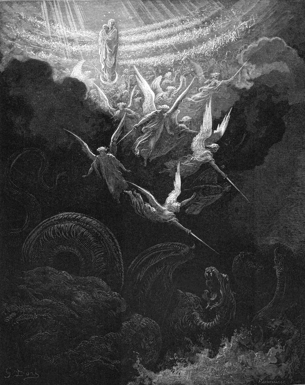 Mihály arkangyal és angyalai harcban a sárkánnyal, 1865-1866 alkotó: Gustave Dore