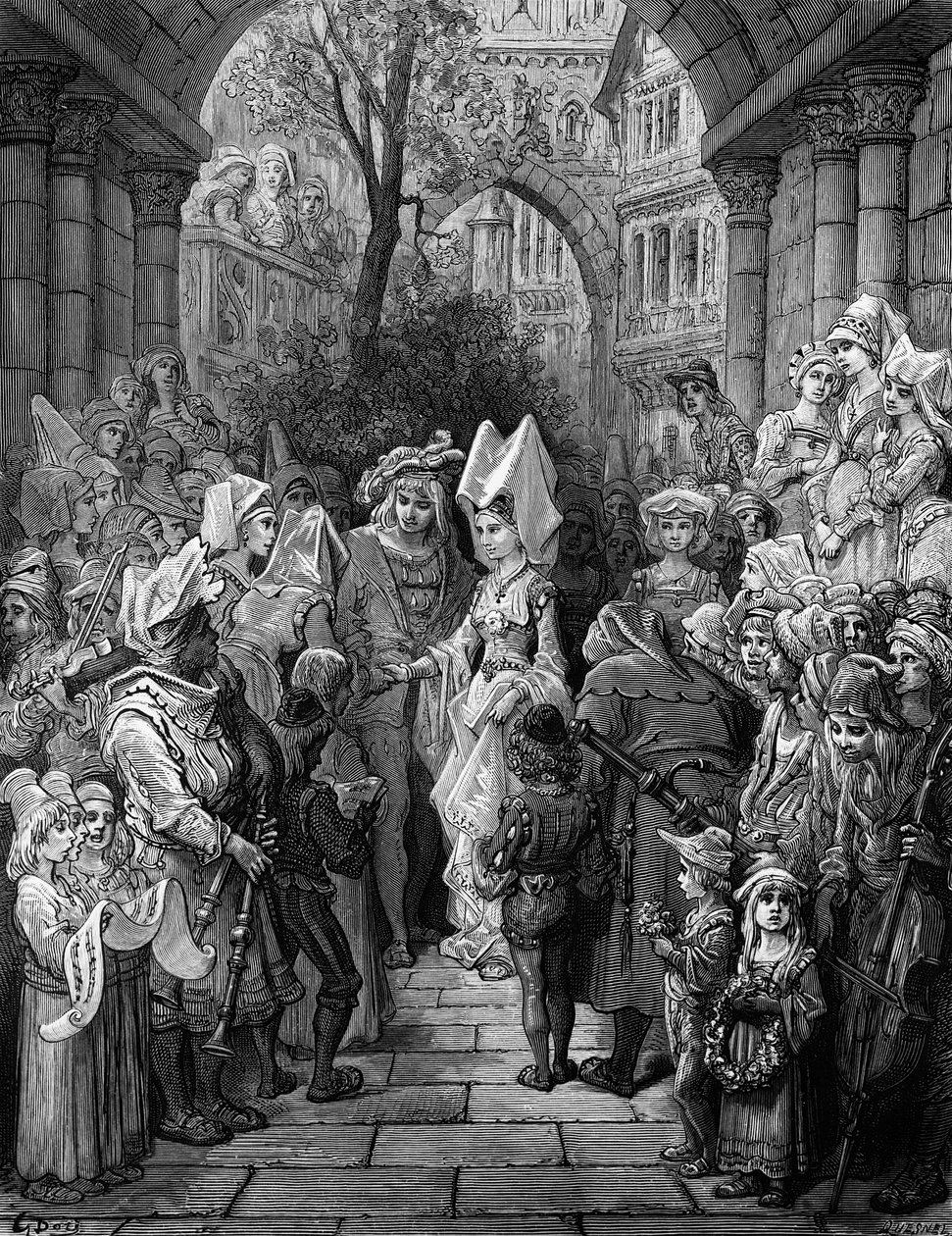 A menyasszony és a vőlegény belép a terembe, jelenet az ókori tengerész kora című művéből, S.T. Coleridge, kiadó: Harper und Brothers, New York, 1876 (fametszet) alkotó: Gustave Dore