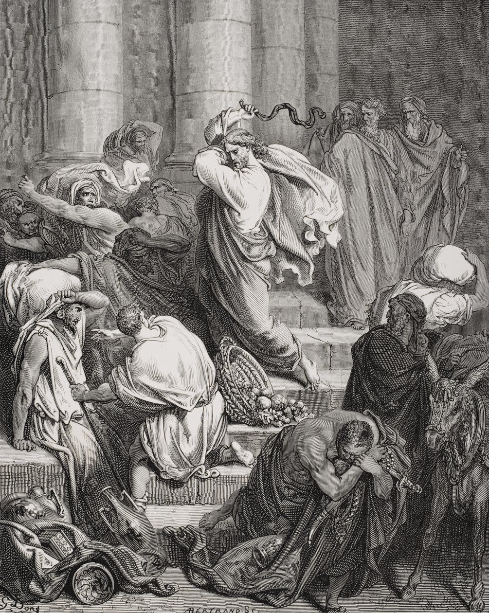 A templomból kiűzött vevők és eladók, Lukács 19:45-46, illusztráció Dore „The Holy Bible” című művéből, Bertrands metszete, 1866 alkotó: Gustave Dore