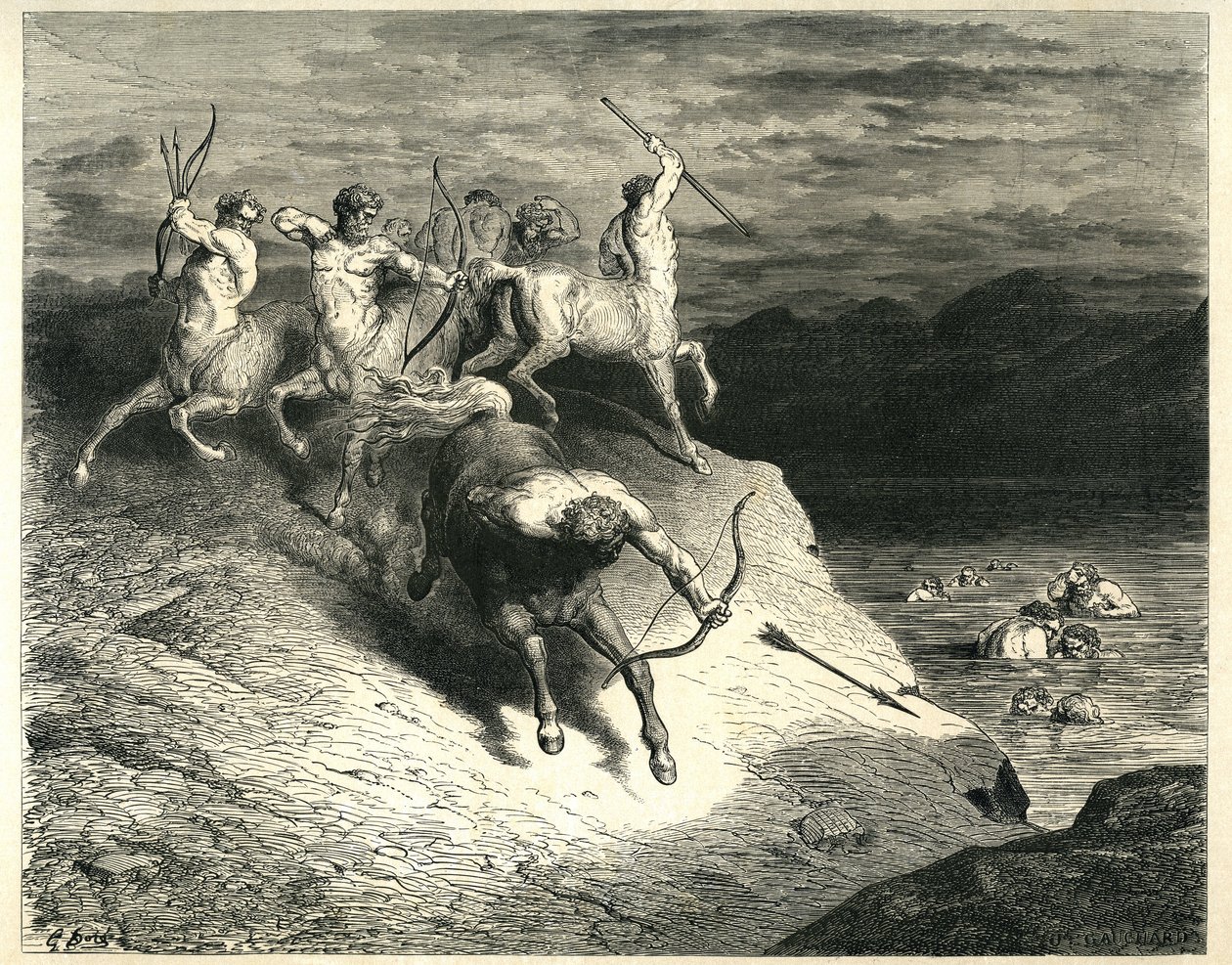A kentaurok nyilakat dobálnak a Styx mocsaraiból előbukkanó gátakra. Gustave Dore által illusztrált metszet Dante Alighieri A pokol című művéből (Isteni komédia). Francia kiadás 1861-ből. "Noi ci appressammo a quel proud snelle. (Közeledünk e alkotó: Gustave Dore
