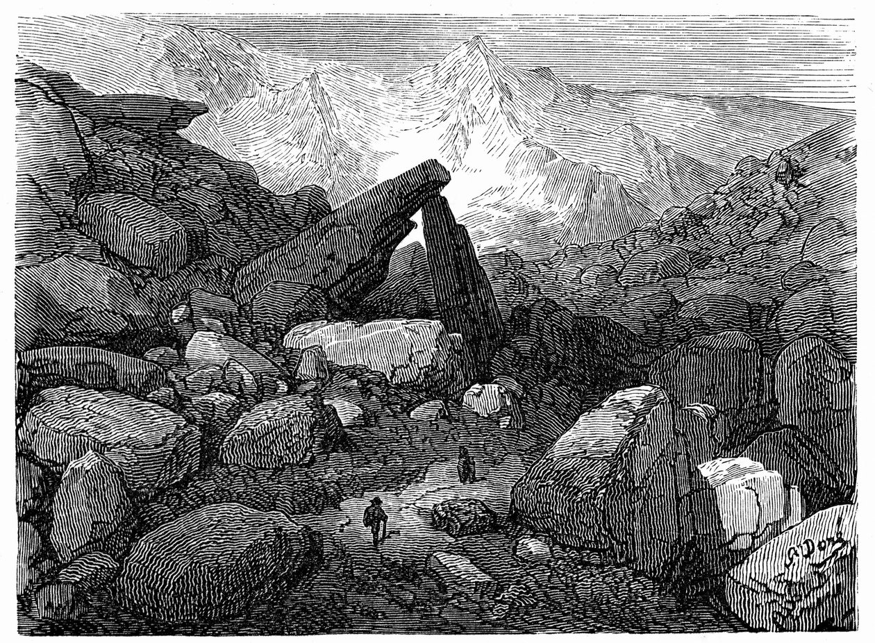 A Cirque de Gavarnie-hoz vezető Káosz-ösvény: Gustave Dore metszete, amely Hippolyte Taine "Hippolyte Taine utazása a Pireneusokba" című könyvét illusztrálja, Hachette 1860. alkotó: Gustave Dore