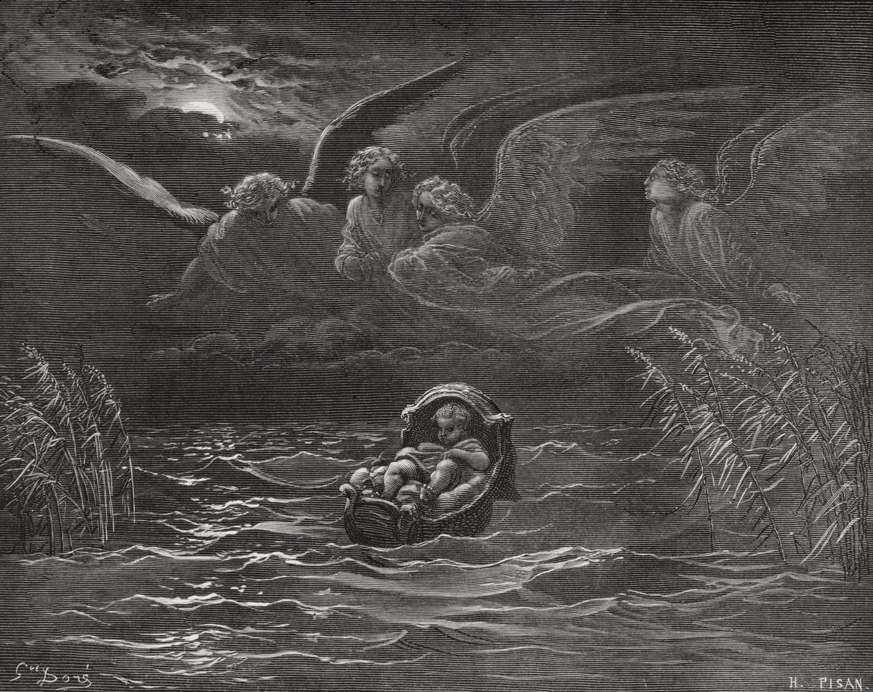 A gyermek Mózes a Níluson, 2Mózes 2:1-4, illusztráció Dore „The Holy Bible” című művéből, H. Pisan metszet, 1866 alkotó: Gustave Dore
