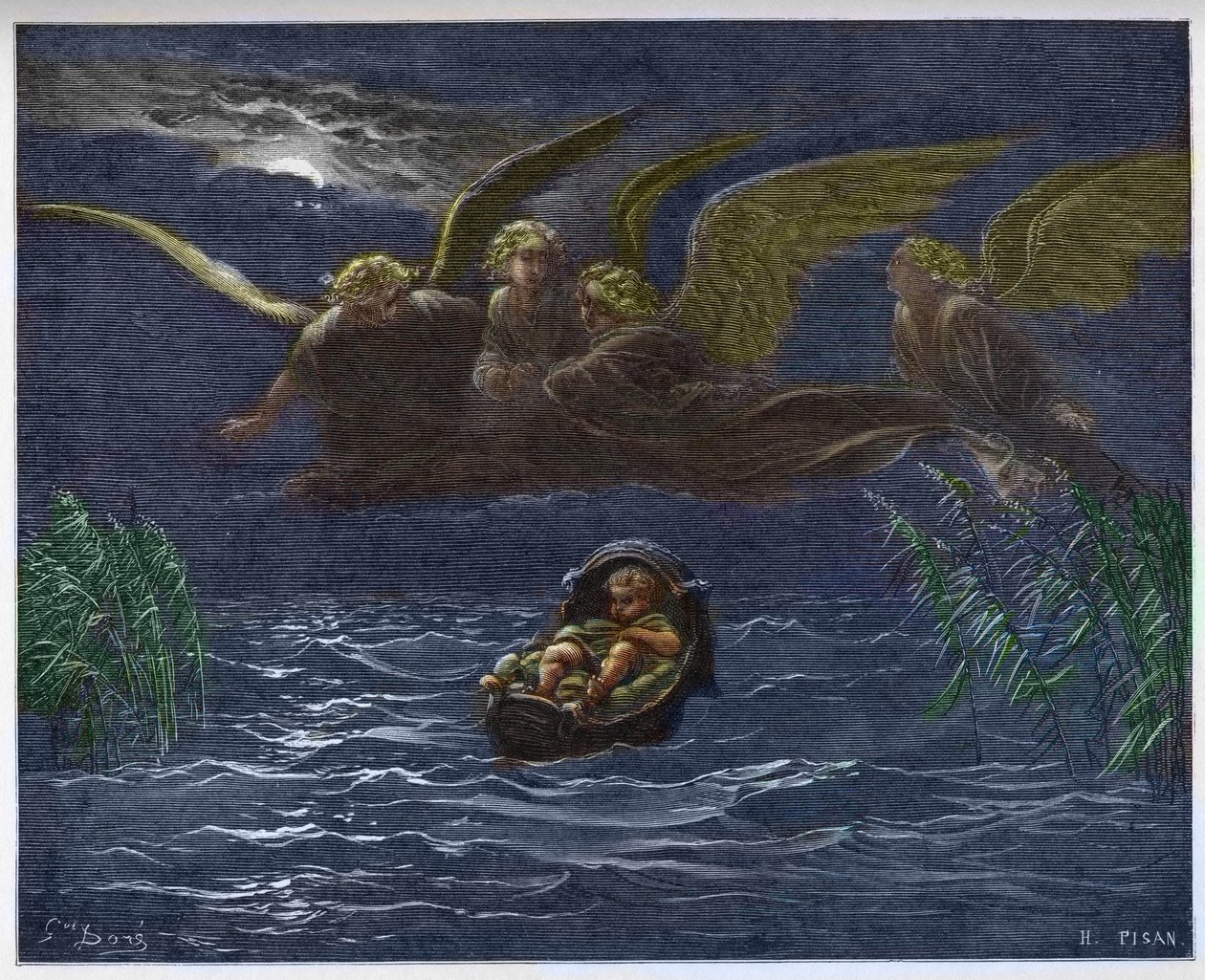A gyermek Mózes a Níluson, az őrangyaloktól körülvéve - alkotó: Gustave Dore