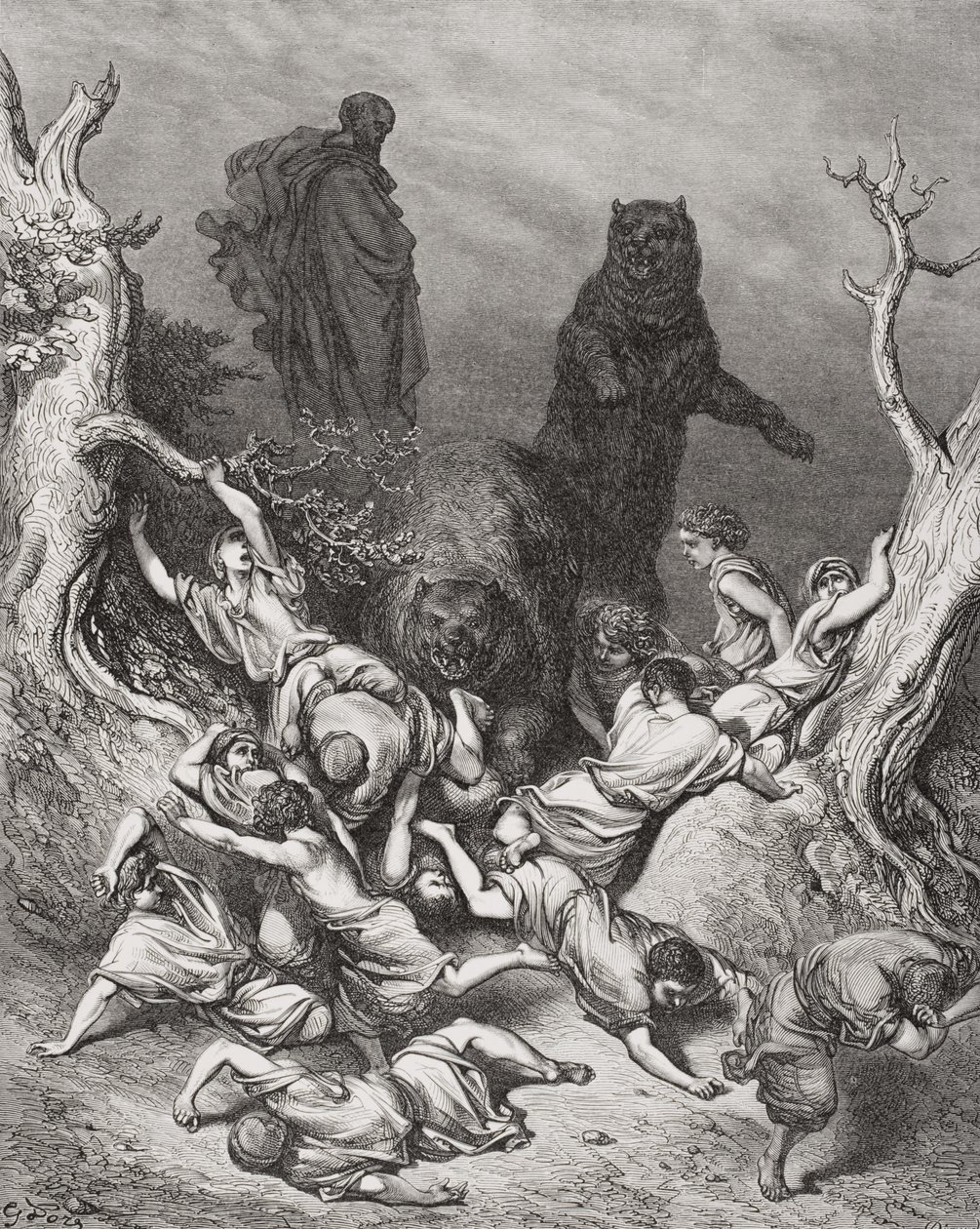 A medvék által elpusztított gyerekek, illusztráció Dore „The Holy Bible” című könyvéből, 1866 alkotó: Gustave Dore