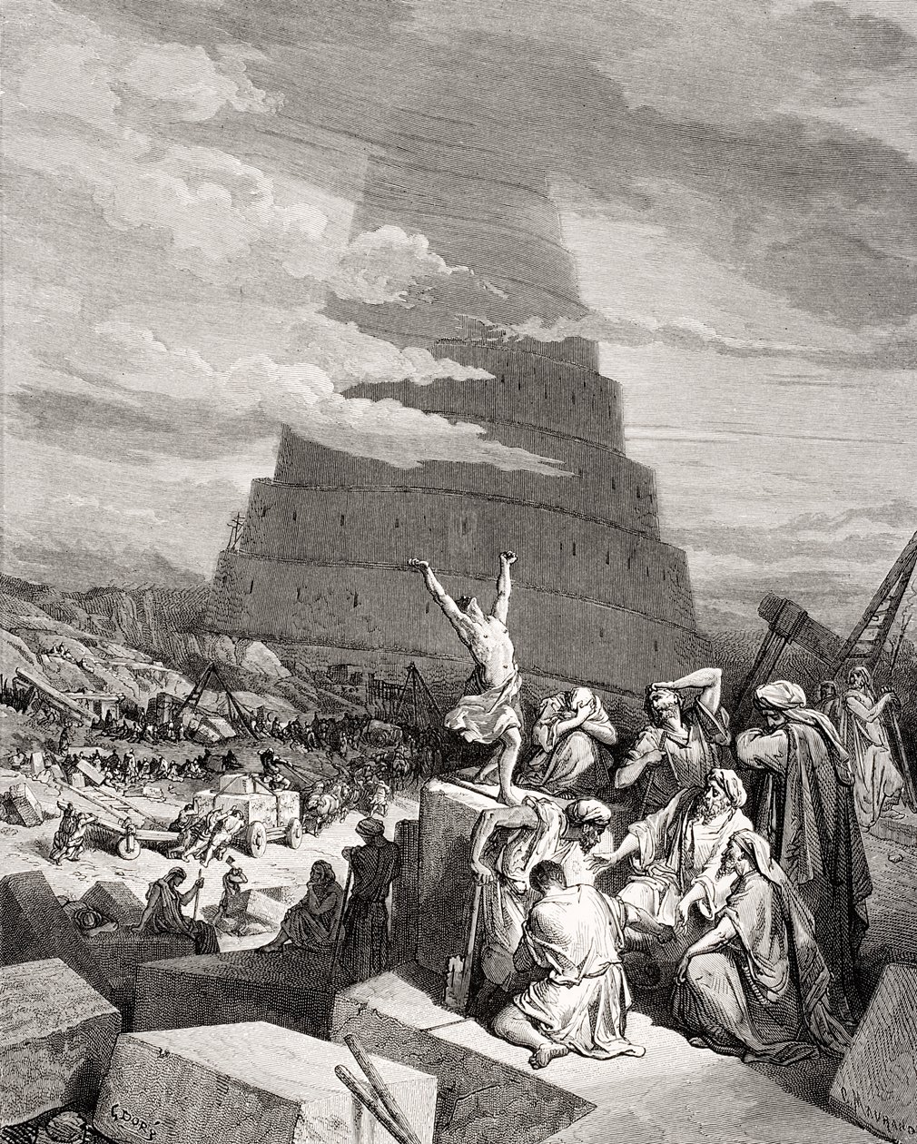 A nyelvek zűrzavara, 1Mózes 11:7-9, illusztráció Dore „A Szent Bibliájából”, vésette Maurand, 1866 (metszet) alkotó: Gustave Dore