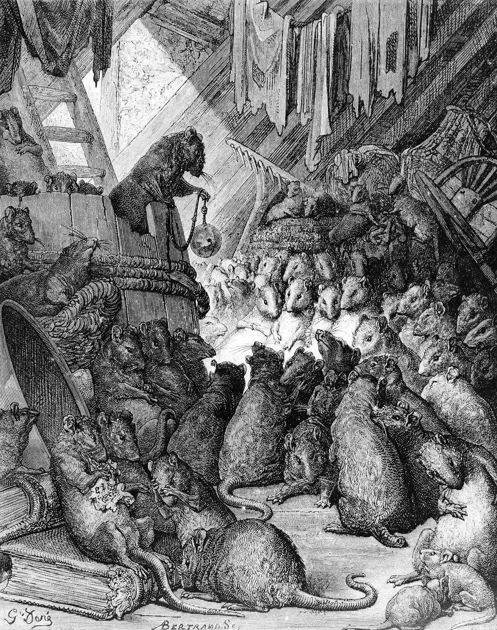 A Patkányok Tanácsa, La Fontaine meséiből, Antoine Valerie Bertrand (sz. 1823) vésette 1868 körül alkotó: Gustave Dore