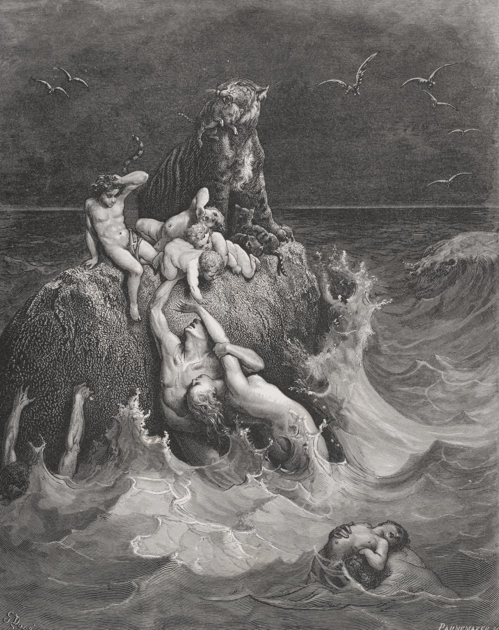 The Deluge, illusztráció Dore „The Holy Bible” című könyvéből, Pannemaker metszet, 1866 alkotó: Gustave Dore