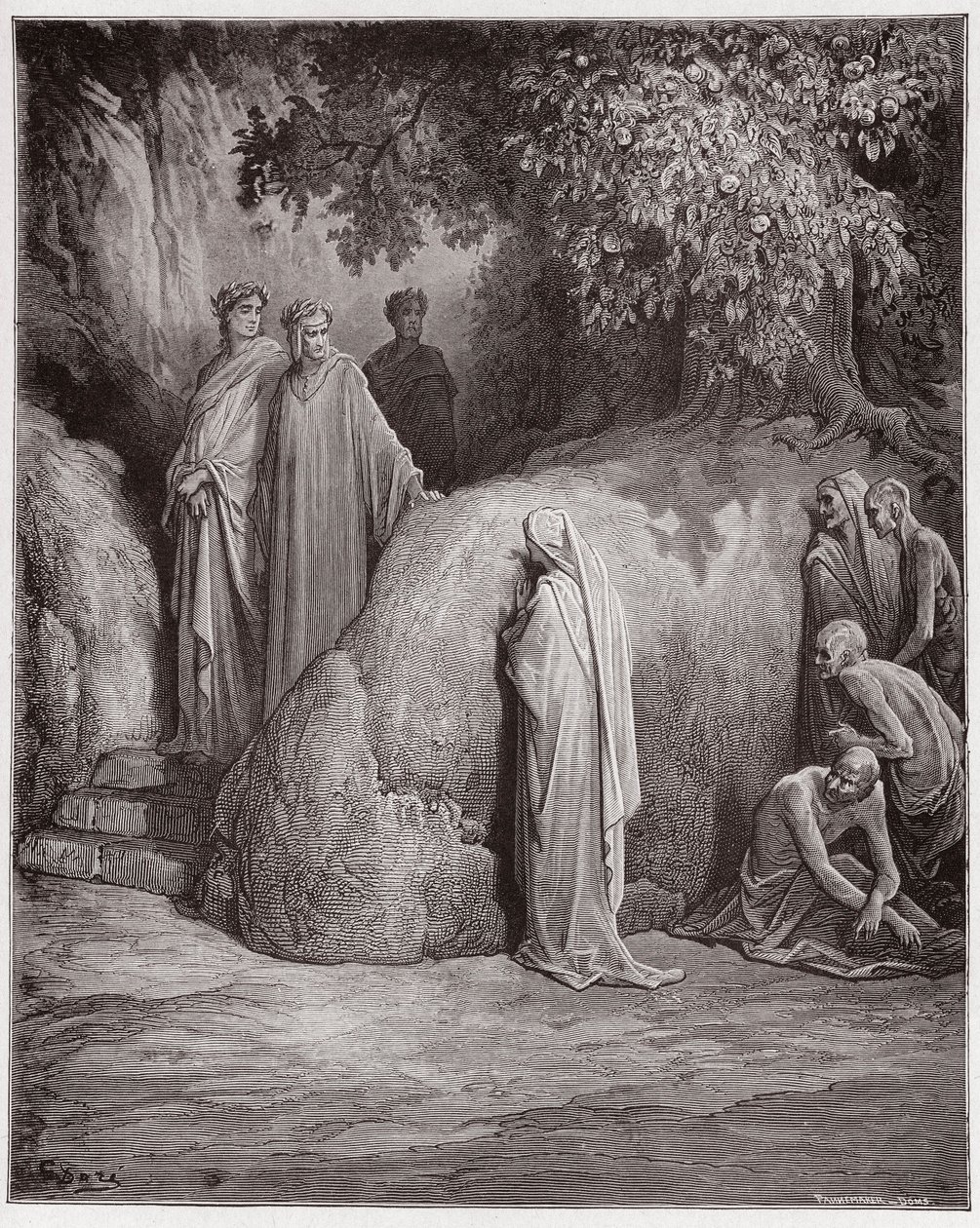 Az Isteni színjáték (La Divina Comedia, La Divine Comedie), Purgatorio, 23. ének: Dante felismeri Forese árnyalatát a falánkok között - Dante Alighieri (1265-1321) - Illusztráció: Gustave Dore (1832-1883) alkotó: Gustave Dore