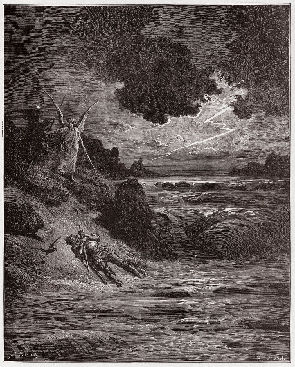 Az isteni színjáték (La Divina Comedia, La Divine Comedie), Purgatorio, 5. ének: Buonconte da Montefeltro teste az Arnóban - Dante Alighieri (1265-1321) - Illusztráció: Gustave Dore (1832-1883) alkotó: Gustave Dore