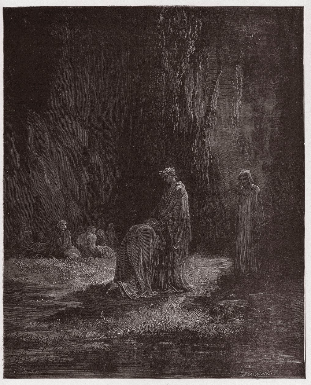 Az isteni színjáték (La Divina Comedia, La Divine Comedie), Purgatorio, 7. ének: Sordello költő megdöbbenve térdel Vergilius előtt - Dante Alighieri (1265-1321) - Illusztráció: Gustave Dore (1832-1883) alkotó: Gustave Dore