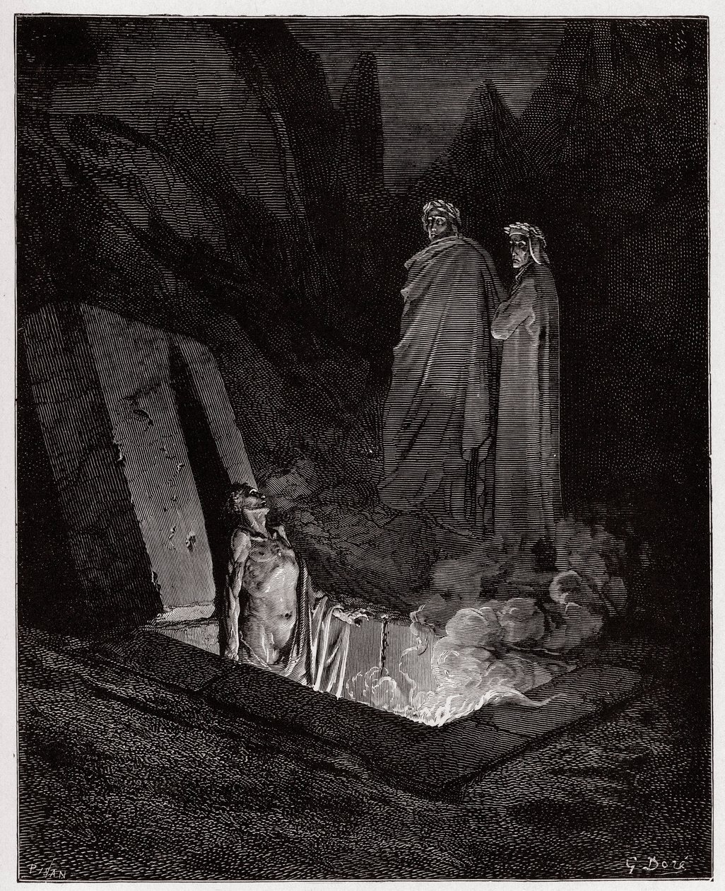 Az isteni színjáték (La Divina Commedia, La Divine Comedie), Pokol, 10. ének: Farinata degli Uberti megszólítja Dantét - Dante Alighieri (1265-1321) - Illusztráció: Gustave Dore (1832-1883) alkotó: Gustave Dore