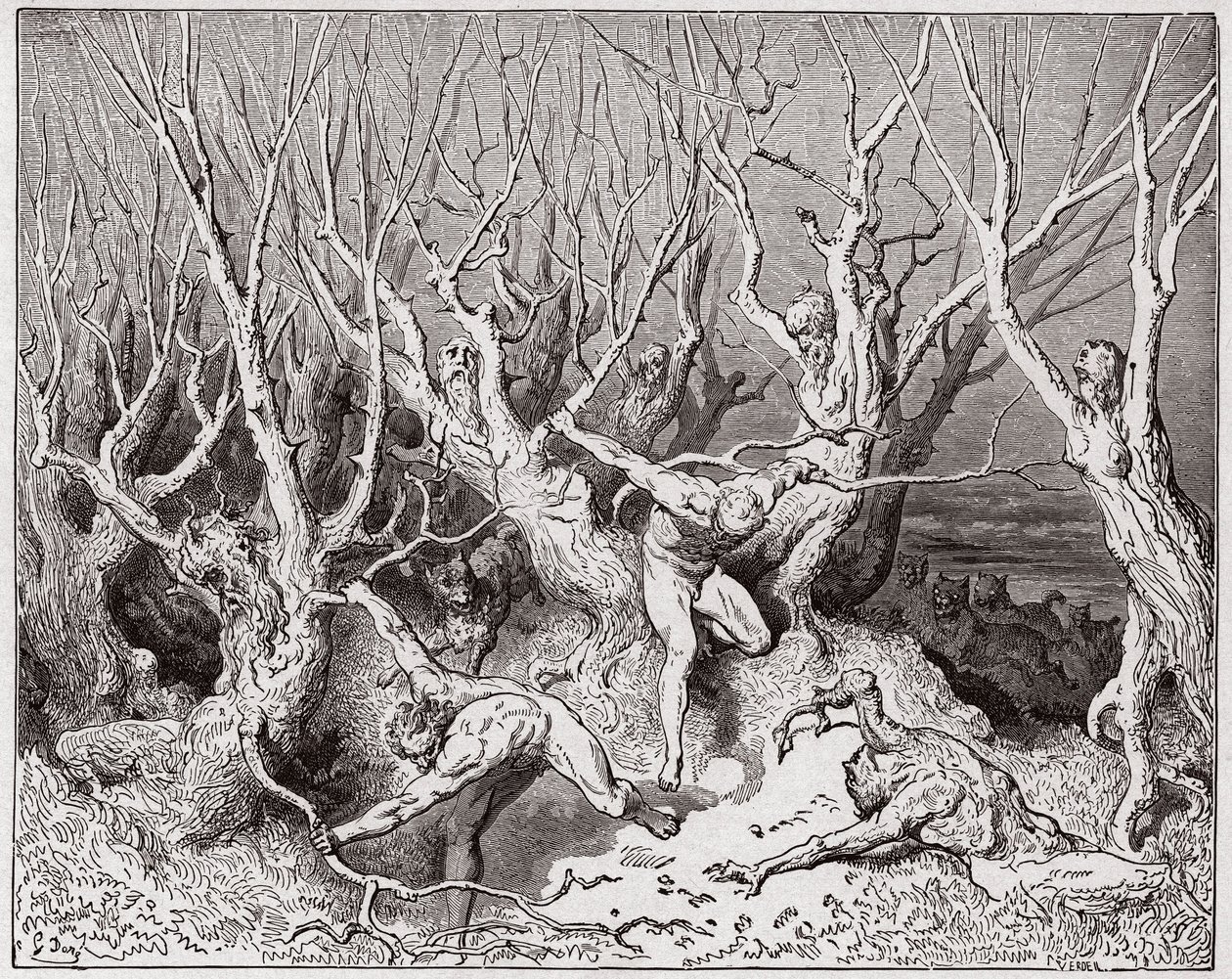 Az isteni színjáték (La Divina Commedia, La Divine Comedie), Inferno, 13. ének: Az öngyilkosok az erdőből menekülnek - Dante Alighieri (1265-1321) - Illusztráció: Gustave Dore (1832-1883) alkotó: Gustave Dore