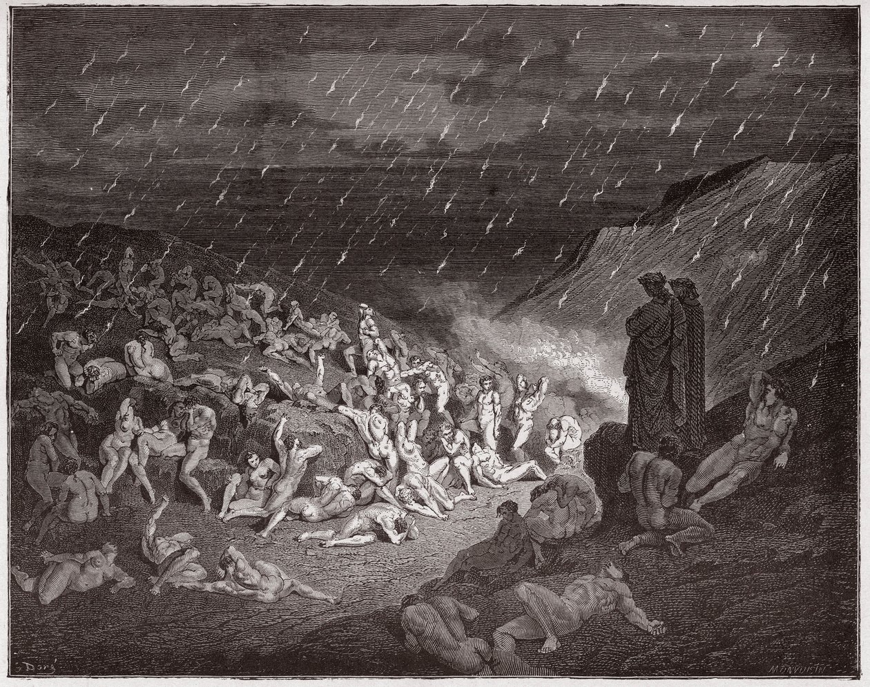 Az isteni színjáték (La Divina Commedia, La Divine Comedie), Inferno, 14. ének: Az erőszakos, tűzesőben gyötört - Dante Alighieri (1265-1321) - Illusztráció: Gustave Dore (1832-1883) alkotó: Gustave Dore