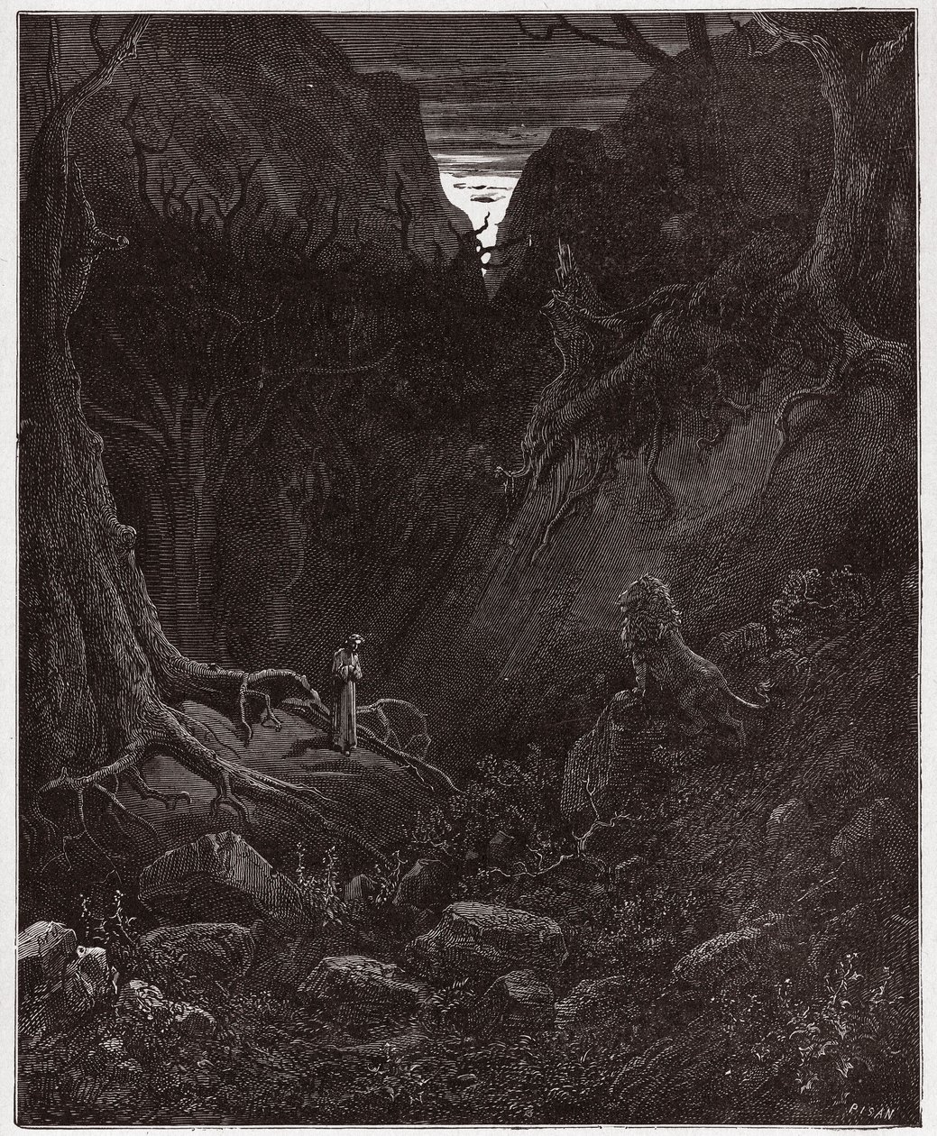 Az isteni színjáték (La Divina Commedia, La Divine Comedie), Inferno, 1. ének: Az oroszlán hirtelen szembeszáll Dantéval – Dante Alighieri (1265-1321) – Illusztráció: Gustave Dore (1832-1883) alkotó: Gustave Dore